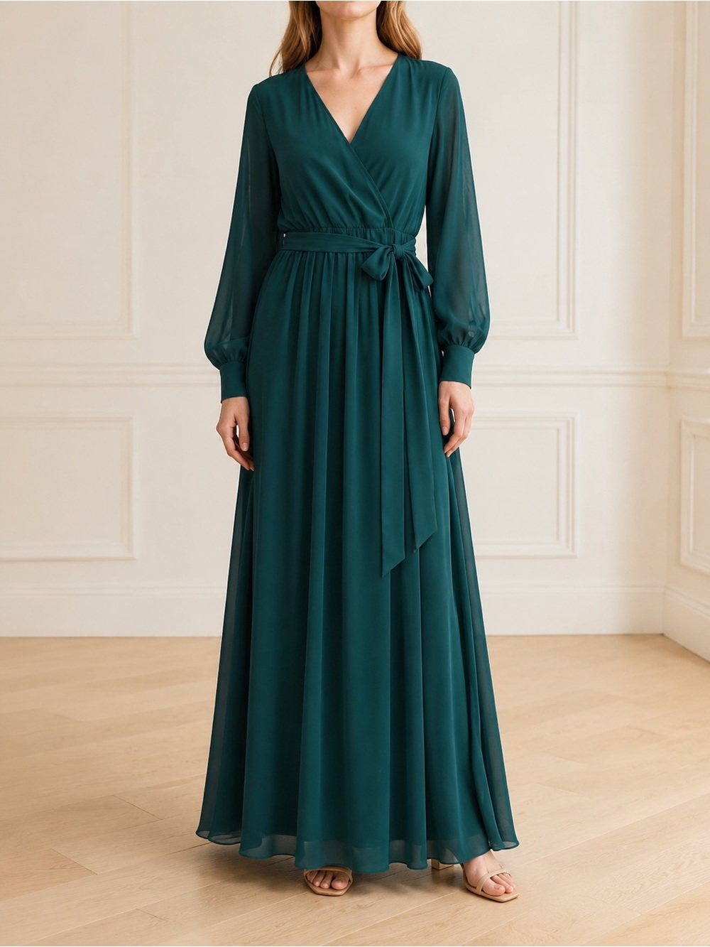 NWT Baltic Born Lydia Emerald Chiffon Maxi Dress Size Medium Long Sleeve Gown